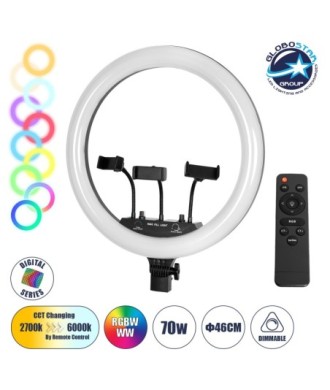 GloboStar® 75805 Professional Digital Ring Light Φ46cm LED SMD 70W 7000lm 180° AC 230V με Καλώδιο Τροφοδοσίας Πρίζας - Ασύρματο Χειριστήριο RF 2.4Ghz Εναλλαγής Χρωμάτων & 3 Βάσεις Τηλεφώνου - Πολύχρωμο RGBW+WW Dimmable